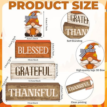 Lineshading 4 Pcs Fall Gnome Block Signs Thanksgiving Tiered Tray Decor - style: Blessed Gnome