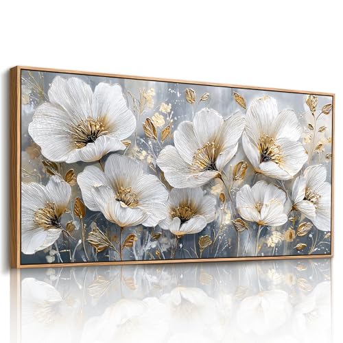 imjiayu White Gold Floral Canvas Wall Art Framed Abstract Botanical Print - color: White and Gold Flowers, size: 40"L x 20"W