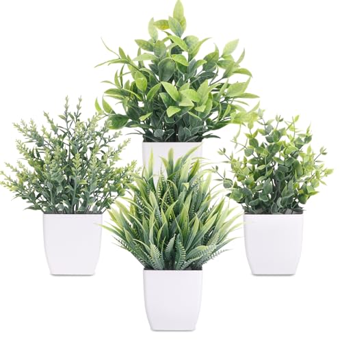 CEWOR Fake Plants 4 Packs Small Artificial Plants Mini White Potted Greenery Bathroom Accessories Decorations for Desk Bathroom Office Home Room Kitchen Table Decor Indoor - color: White2