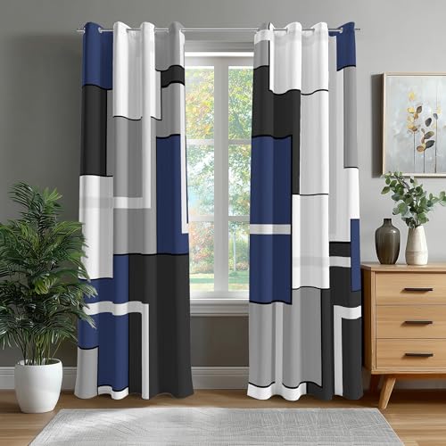 Royal Blue 100% Blackout Curtains for Bedroom Blue Grey White Modern Abstract Geometric Insulated Black Out Curtains for Living Room Darkening Window Drapes 2 Panels (52 x 84 - Inch,Blue Plaid) - color: P3-blue, size: 52"W x 84"L (Pack of 2)