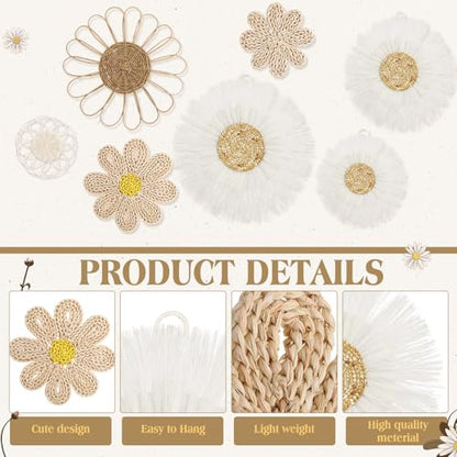 Chunful 7 Pcs Boho Wall Basket Decor Rattan Flower, Milky White - color: Milky White