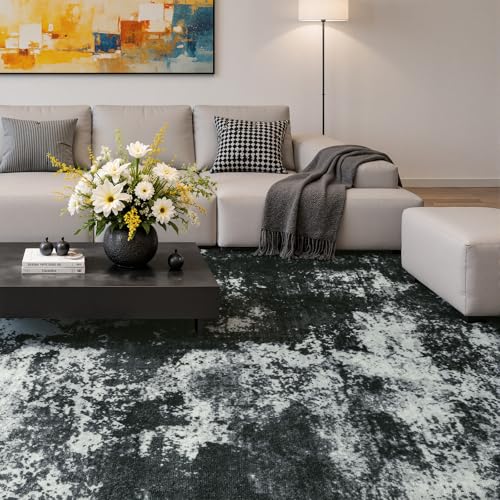 Merelax 5x7 Back Grey Washable Area Rug Non-Slip Faux Wool Abstract Rug - color: Black Grey, size: 5' x 7'(60''x84'')