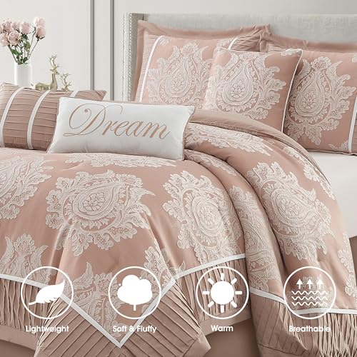 LANCO MODERN LIFESTYLE Blush California King Comforter Set 7 Pieces, Jacquard Woven with Damask, Bedding Set in a Bag Includes Comforter, Bed Skirt, Pillow Shams, and Decorative Pillows - color: Blush, size: California King