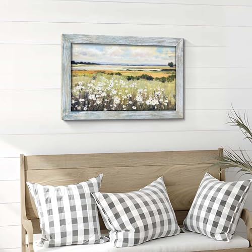 summer melody Landscape Floral Scenery Framed Wood Wall Art 24x16 Inch - color: Green, size: 24"L x 16"W