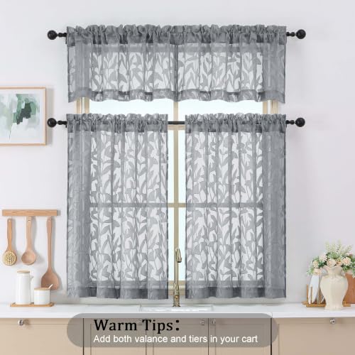 OWENIE Leyna Grey Sheer Curtain 30 Inch Length Cafe Curtains 2 Panels - color: Charcoal Gray, size: 28"W x 30"L (Pack of 2)