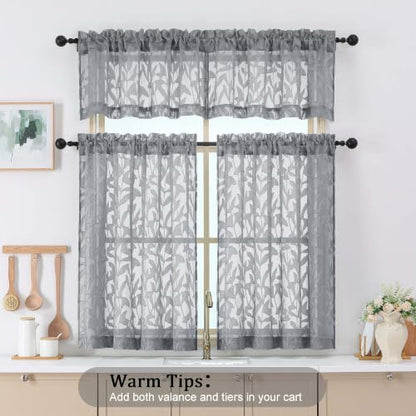 OWENIE Leyna Grey Sheer Curtain 30 Inch Length Cafe Curtains 2 Panels - color: Charcoal Gray, size: 28"W x 30"L (Pack of 2)