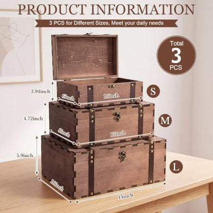 Sliner 3 Pack Vintage Wooden Keepsake Treasure Chest Box with Lock, S M L
