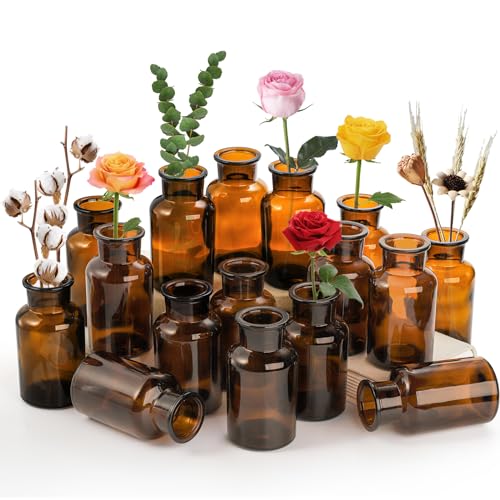 TOPZEA Set of 16 Amber Glass Bud Vases, 8.5 oz Small Brown Bud Vase Bulk Boho Glass Vase Decorative Medicine Bottle Vintage Apothecary Jar for Flower, Wedding Reception, Table Centerpieces, Home Decor - size: 250 ml