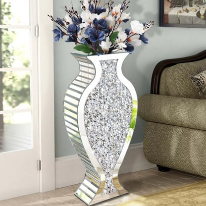 Tall Floor Vase S Crushed Diamond Mirrored Vase 27” Tall for Large Flower - color: Shpld Diamond Silver