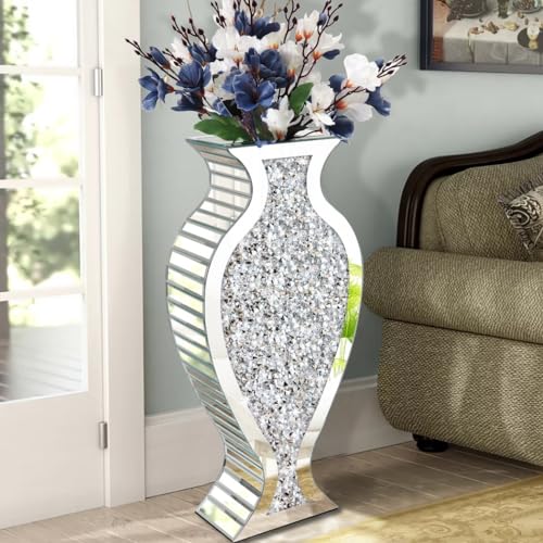 Tall Floor Vase S Crushed Diamond Mirrored Vase 27” Tall for Large Flower - color: Shpld Diamond Silver