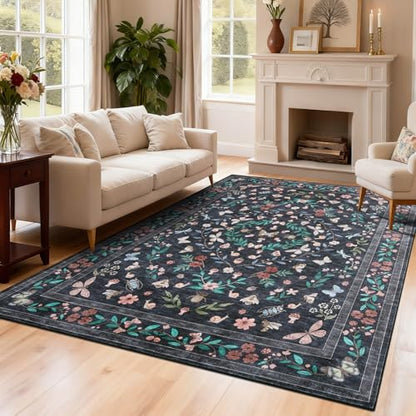 GarveeHome 8x10 Large Living Room Rug Machine Washable Low Pile Insect Rug - color: Black, size: 8'x 10'(Rectangular)