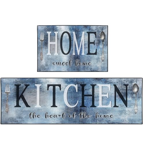 Kitchen Rugs Set of 2 Non Slip WashableAbstract Vintage - color: Navy Blue