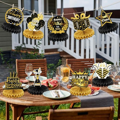 9 PCS Happy Birthday Party Table Decorations | Black and Gold Birthday Center Pieces for Table | Birthday Honeycomb Table Centerpieces | Reusable Birthday Table Toppers for Girls Boys Women Men
