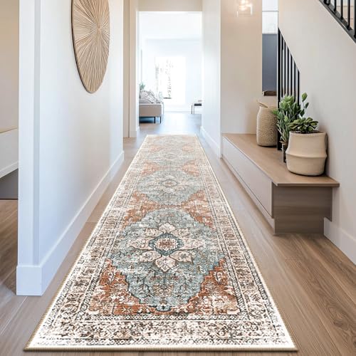 BESTSWEETIE Washable Boho 2x10 Runner Rug, No Pile for Living Room, Brick - color: Green/Brick/Rust Red, size: 10' x 2' (Rectangular)