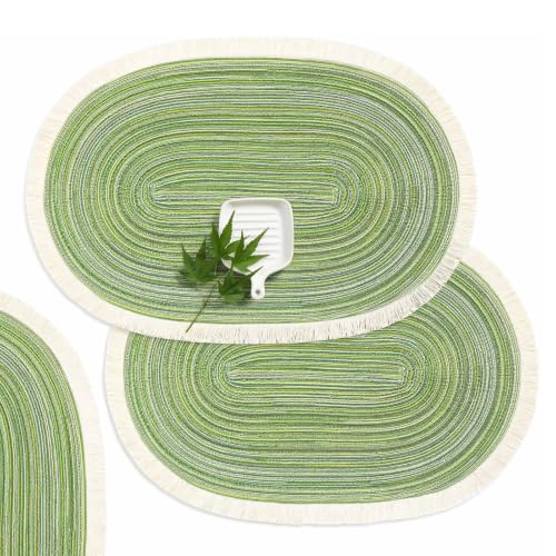 FAVE Boho Oval Woven Placemats Set of 6, Washable Table Mats with Tassels - color: Green