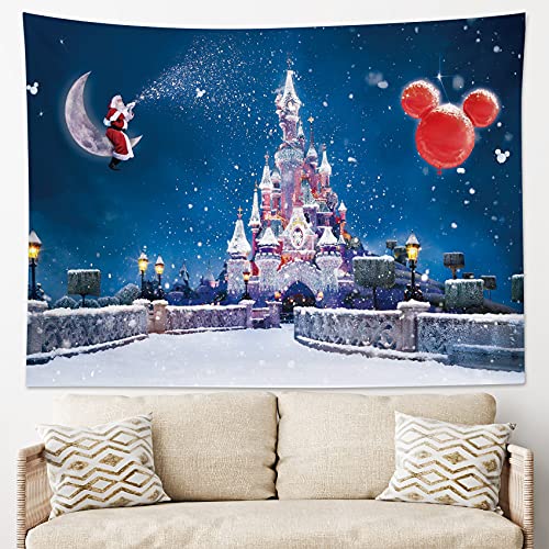 HVEST Castle Tapestry Santa Claus on Moon with Snowflake Wall Hanging Winter Scenery Tapestries for Bedroom,Living Room,Dorm Party Wall Decor,59Wx51H inches - color: Blue, size: 51"L x 59"W