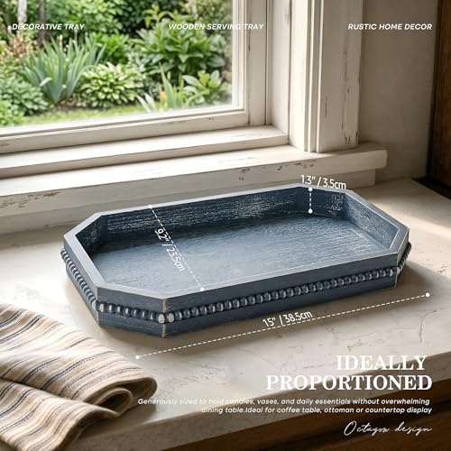 EOSAHR Pine Wood Decorative Tray: Serving Tray for Rustic Room Decor, Blue - color: Blue