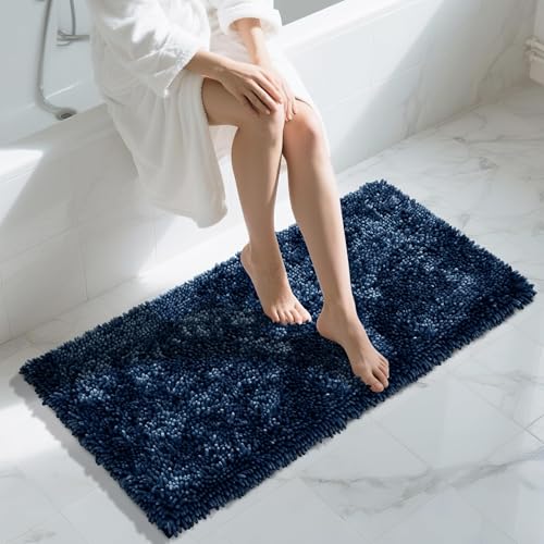 Yimobra Long Bathroom Rug Non Slip 44x24, Extra Thick Soft Absorbent Chenille Bath Mat, Machine Washable Quick Dry Bath Rugs for Bathroom Floor, Tub and Shower, Home Decor Accessories, Blue - color: Blue, size: 44" X 24"