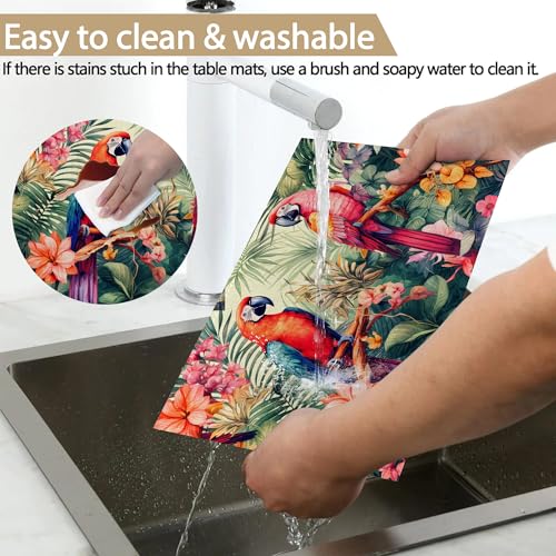 Placemats Set of 6, Tropical Parrot Forest Linen Placemats 12x18 Inch, Heat Resistant Table Mats, Washable Non Slip Place Mats for Dining Table Kitchen Home - color: Tropical Parrot Forest