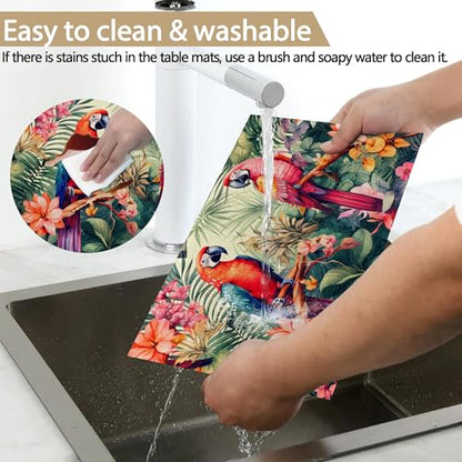 Placemats Set of 6, Tropical Parrot Forest Linen Placemats 12x18 Inch, Heat Resistant Table Mats, Washable Non Slip Place Mats for Dining Table Kitchen Home - color: Tropical Parrot Forest