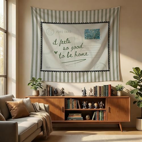 MKYFHSVGD Vintage Green Striped Postcard Tapestry Wall Hanging, It Feels So Good to Be Home Retro Wall Tapestry for Bedroom Living Room Home Decorations, 50x60 Inch - color: Home
