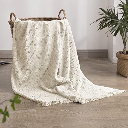 Simple&Opulence 100% Cotton Throw Blanket for Bed, Couch, Boho Luxury Geometric Knit Woven Blanket with Tassels Soft Lightweight Cozy Breathable, Vintage Farmhouse Decoration for All-Season(White) - color: White