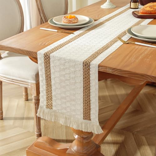 Niviy Boho Table Runner 108 Inches Long Summer Farmhouse Macrame Table Runner Cotton Linen Woven Table Runners for Fall Dining Table Home Decor, Beige & Brown - color: Beige & Brown, size: 12 x 108 Inches