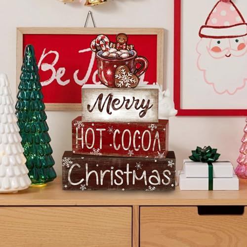 4Pcs Christmas Wooden Tabletop Decoration Hot Cocoa Wooden Block Signs Gift - style: Hot Cocoa