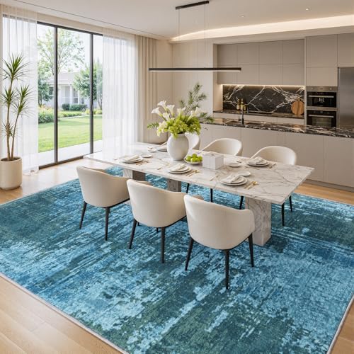 Merelax 6x9 Blue Washable Area Rug Non-Slip Faux Wool Abstract Rug - color: Blue, size: 6' x 9'(72''x108'')