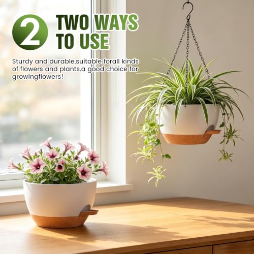 8 Inch Self Watering Hanging Planters Set of 3 with Saucers - color: White Brown, size: 8 Inch 3 Pack