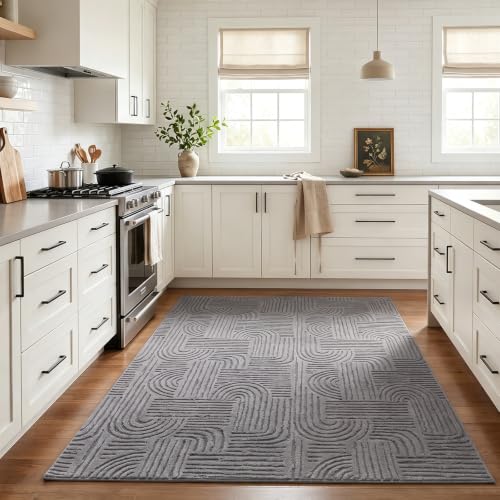Etwel 4x6 Dark Gray Geometric Textured High-Low Pile Washable Area Rug - color: Dark Gray, size: 4' x 6'