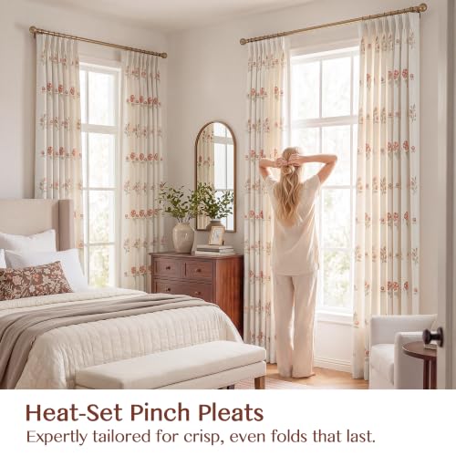 Pinch Pleat Linen Blend Curtains Beige Stripe Floral, 40"W x 90 Inches Long - color: Beige Stripe, size: 40"W x 90"L (Pack of 2)