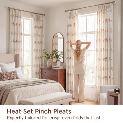 Pinch Pleat Linen Blend Curtains Beige Stripe Floral, 40"W x 90 Inches Long - color: Beige Stripe, size: 40"W x 90"L (Pack of 2)
