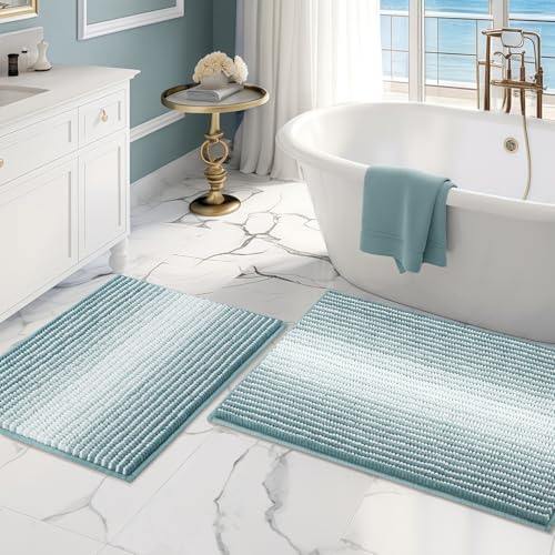 BSICPRO Bathroom Rugs Sets 2 Piece, Non Slip Striped Bath Mats, Sea Green - color: Sea Green, size: 20" x 32" Plus 16" x 24"