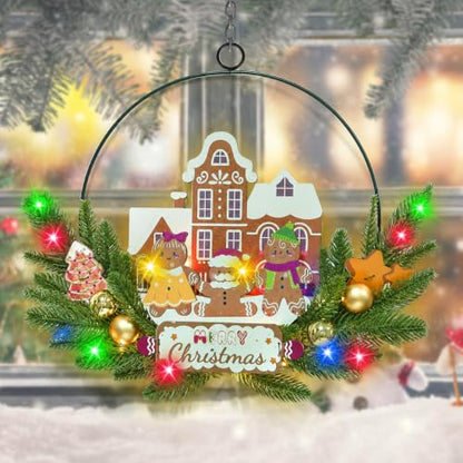 Pre-Lit Christmas Wreath for Front Door, Gingerbread with 6H On/18H Off - color: Gingerbread-multicolor