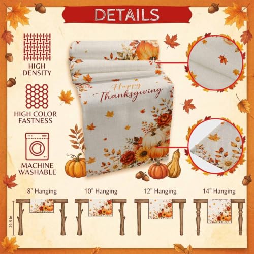 Fall Thanksgiving Table Runner 36 Inches Long,Orange Pumpkins Maple Leaf Flower Cotton Linen Table Runners Dresser Scarves,Farmhouse Fabric Tabletop Scarf Furniture Cover for Home Dinner Party 13"x36" - color: Cream, Terracotta, Dusty Rose, Autumn Orange,