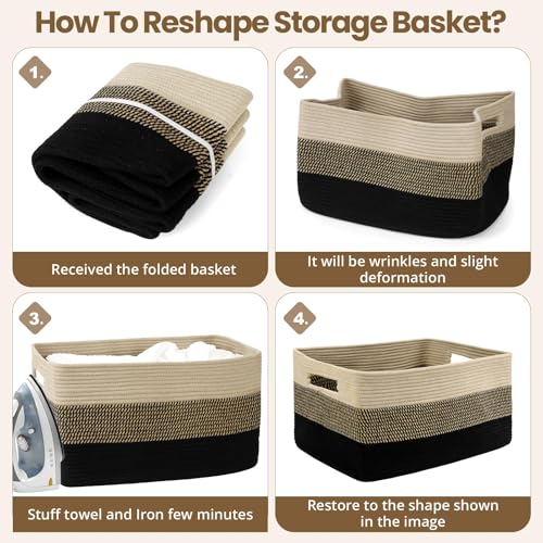 Optish 95L Large Woven Blanket Basket, Storage Basket with Handles - color: Black & Brown, size: 24" x 17" x 13.5"(95L)