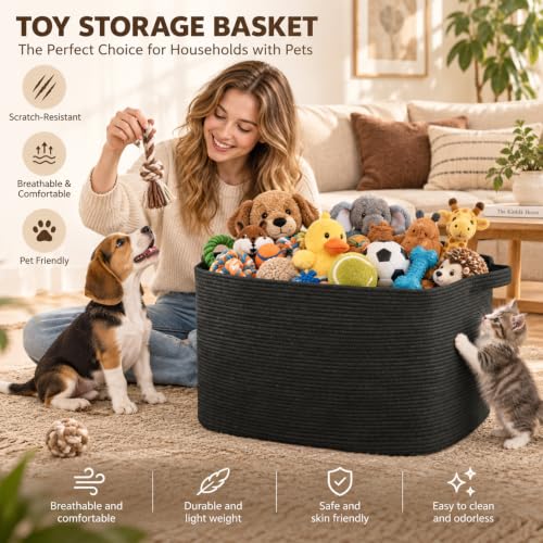 OIASKET 70L Large Blanket Basket, 21.6" x 16.9" x 11.8" Woven Basket - color: Black, size: 21.6"x16.9"x11.8"