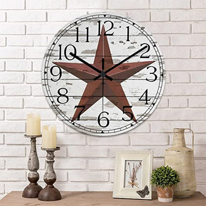 Round Farmhouse Wall Clock Western Texas Star Country Style Wood Clock Silent Non-ticking Battery Operated with Large Numbers Antique Wall Art Time Clock for Living Room Farmhouse School 15 Inch - color: Style-4, size: 15in
