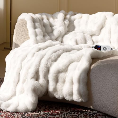 Electric Heated Blanket for Girls & Women, Soft & Luxurious,Faux Fur Heating Throw Blankets, 6 Heat Settings, Overheat Protection, Quick Heating, Memory Function, Giftable, 50"x60",Off White - color: Off White