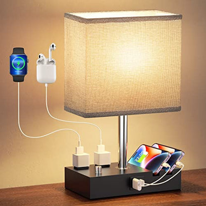 Bedside Table Lamp for Bedroom Nightstand - Stepless Dimmable, 2 AC Outlets - color: Wood Grain, size: 1 Pack
