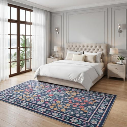 ThreadGlobe Patterned Washable 5x7 Area Rugs Modern for Living Room, Blue - color: Blue Flower, size: 5' x 7'