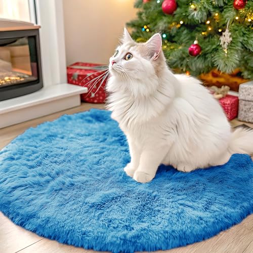 OLANLY Bright Blue Round Rugs for Bedroom - Machine Washable, 2 ft Circle Area Rugs for Living Room, Soft and Fluffy Shaggy Carpet for Teen Girl and Boys, Nursery Rooms, Dorms, Home Decor Aesthetic - color: Bright Blue, size: 2 Ft Round