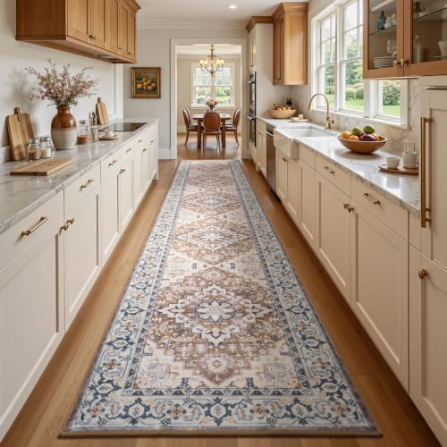 Lofus 2'6" x 12' Hallway Kitchen Washable Runner Rug, Long Carpet Brown - color: Floral Brown, size: 2'6 x 12' (Runner)