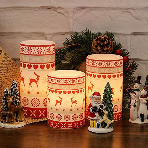 GenSwin Flameless Flickering Led Candles Battery Operated with 6 Hours Timer, Real Wax Pillar Candles Warm Light Love Deer Decal Decor Gift(Pack of 3) - color: Red Deer