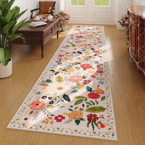 Rugcomf Runners for Hallways Kitchen Runner Rug Non Slip 2'x 10' Long Washable Rugs with Rubber Backing Soft Floral Carpet Runner for Hallways, Kitchen, Laundry, Bedroom, Bathroom(Beige) - color: Beige, size: 2' x 10' (Rectangular)
