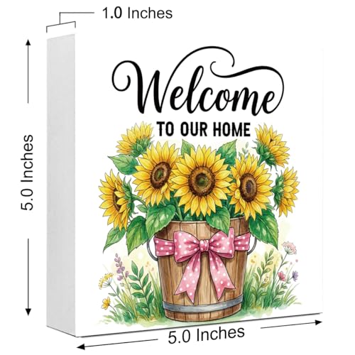 Welcome Sign Sunflowers Spring Wooden Box Sign, Spring Decorations for Home Office Bathroom Kitchen Rustic Wood Block Signs for Desk Shelf Table Decor - color: Welcome to our home