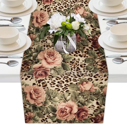 AUUXVA Table Runner Animal Tiger Leopard Print Rose Flower Durable Luxury Dresser Scarf Tabletop Cloth for Wedding Dining Table Holiday Party Kitchen Home Decoration 13x90in - color: Leopard Rose Flower, size: 13x90(in)