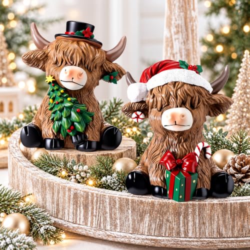 Karenhi 2 Pcs Christmas Highland Cow Figurines Decor for Home Office - style: Christmas