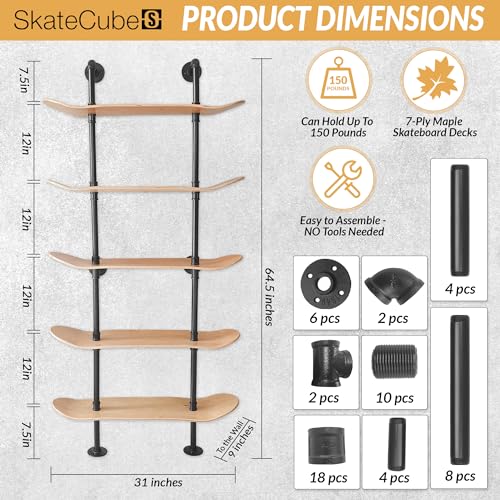 Industrial Pipe Bookcase, 5 Tier Shelf, Natural Wood Stain Finish - size: 5 Tier Shelf